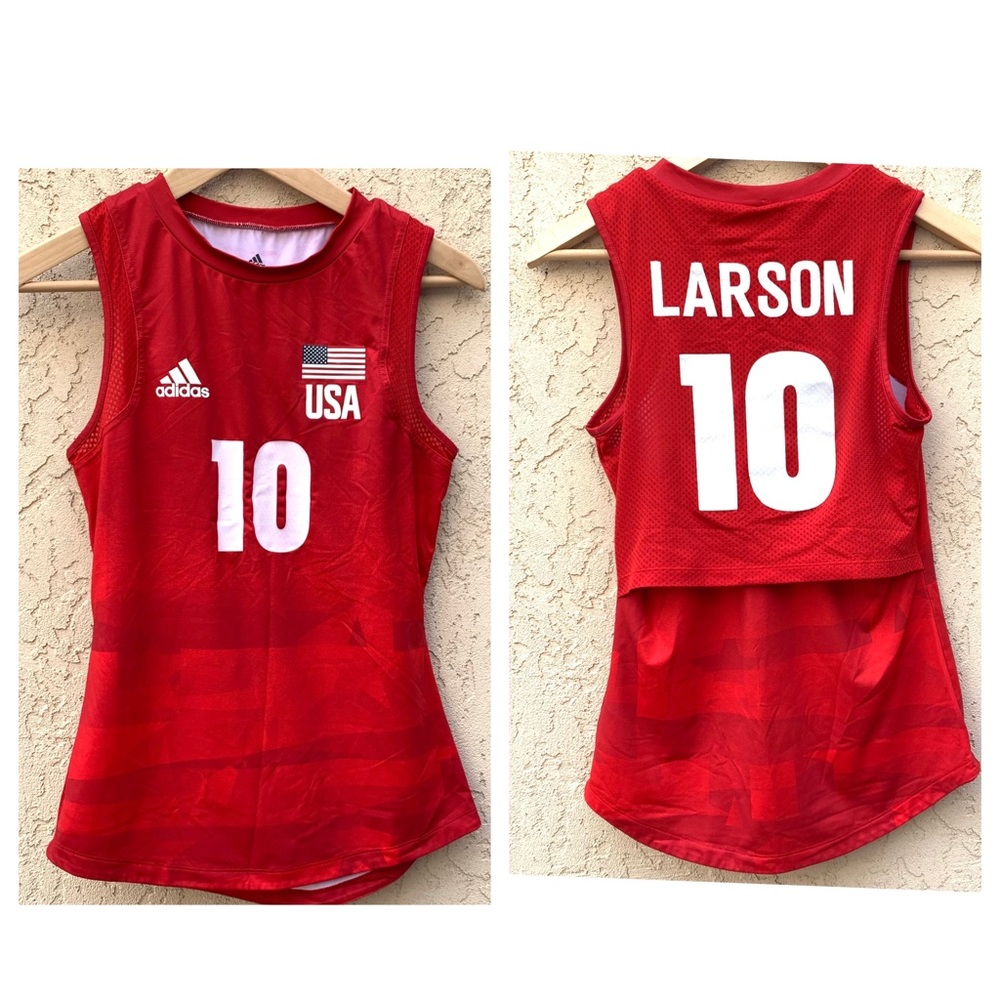 RARE Adidas Primeblue Women’s Red USA Larson #10 Volleyball Sleeveless Jersey